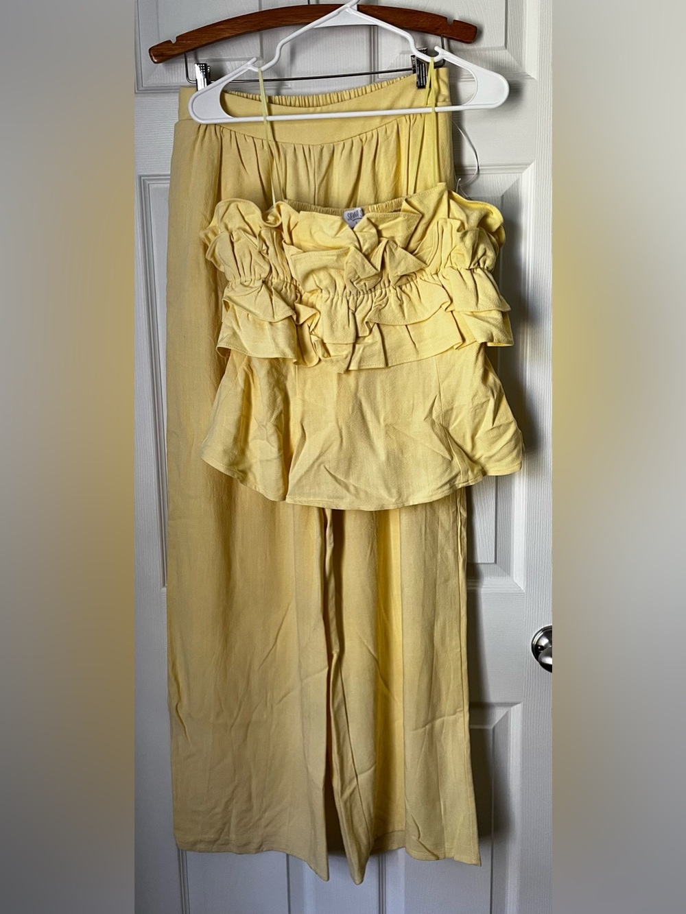 Sienna Sky Soft Yellow Ruffle Strapless Top & Wide-Leg Pant 2pc Set